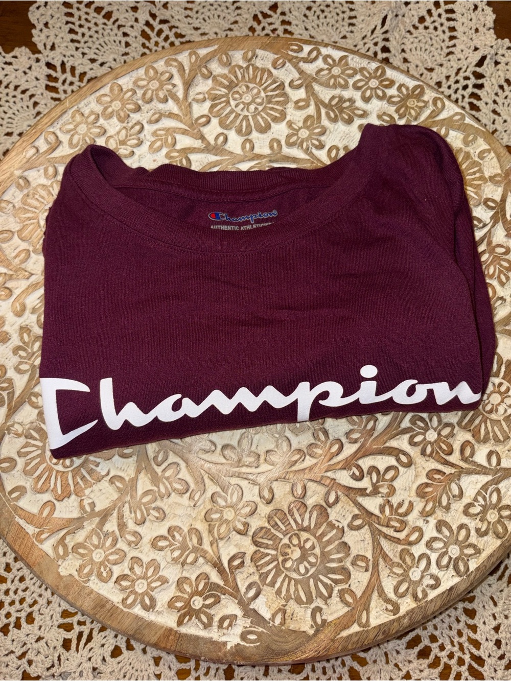Champion Burgundy Crewneck Tee with White Script Logo